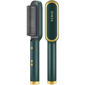 Green and yellow OCHI hair straightener brush with built-in comb offers five smart temperature settings, tourmaline ceramic coating, and fast heating for safe and salon-quality styling at home.