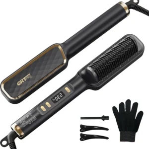 Black hair straightener brush with ceramic bristles and LED display, featuring anti-scald design and multiple temperature settings for safe and effective hair styling.