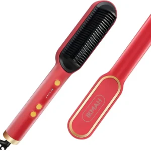 Red hair straightener brush with built-in comb and tourmaline ceramic coating for fast, salon-quality styling at home.