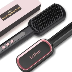The Telfun ionic hair straightening brush is shown with an LCD display, anti-scald design, and fast heating for home or salon use.