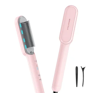 Pink Wavytalk hair straightener brush releasing negative ions for sleek, frizz-free hair with adjustable heat settings.