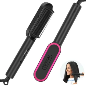 The PARWIN PRO BEAUTY hair straightener brush features keratin ceramic coating, anti-scald design, and an LED display with 4 heating settings for efficient and effortless styling on all hair types.