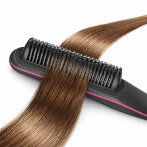 Black hair straightener brush with LED display and ionic technology for smooth, frizz-free styling.