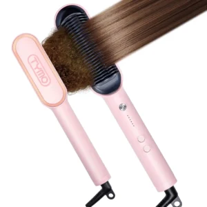 Cherry blossom pink hair straightener brush with built-in comb for creating smooth, shiny, and frizz-free styles quickly and safely.