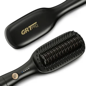The wide ceramic hair straightener brush quickly straightens hair while releasing 40 million negative ions to reduce frizz and features anti-scald teeth for safe use.
