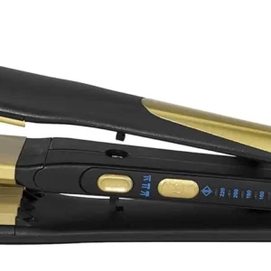 Sonashi 2in1 black and gold hair styler with ceramic plates for straightening and crimping hair to create beautiful waves, featuring temperature control and an LED indicator.