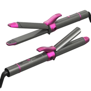 The LESCOLTON 2-in-1 hair tool easily creates both curls and straight styles with its titanium coated plates, rapid heating, and digital display for customized temperature.