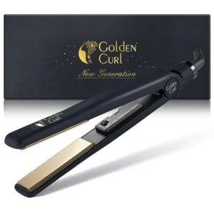 Golden Curl hair straightener and curler in gold with adjustable temperature and ceramic plates, backed by a 5-year manufacturer's guarantee for damage-free styling of all hair types.
