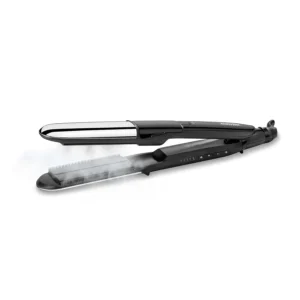 Black hair straightener with diamond ceramic plates for fast heat-up and ionic frizz control, adjustable from 150°C to 230°C with five heat settings.