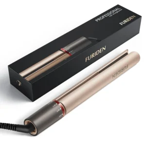 This 2 in 1 gold hair straightener and flat iron features tourmaline ceramic plates with adjustable temperature and rotating directional switch for easy hair styling.