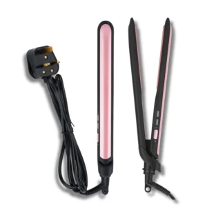 Pink DEAL HUNT hair straightener flat iron with ceramic and tourmaline plates, LED/LCD display, adjustable temperature, and swivel cord for styling wet or dry hair.
