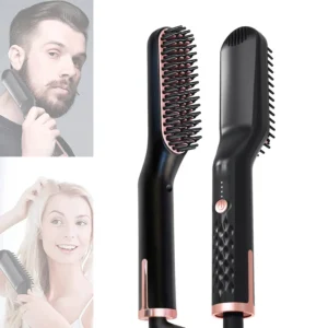 Ionic hair and beard straightener brush with temperature control and rapid 30-second heating, perfect for both men and women.