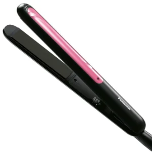 Black and pink Panasonic hair straightener with keratin and botanical oil coated plates for quick, long-lasting styles and featuring three temperature settings.