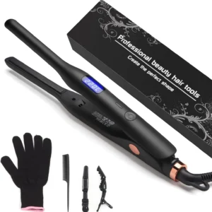 Black mini hair straightener pencil flat iron with ceramic plates, adjustable temperature and dual voltage, ideal for styling short hair, pixies and beards.