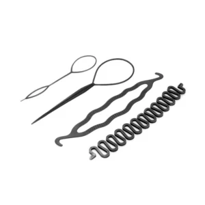 This image shows a hair styling accessories set with a bun maker and braiding tool for creating fashionable hairstyles at home.