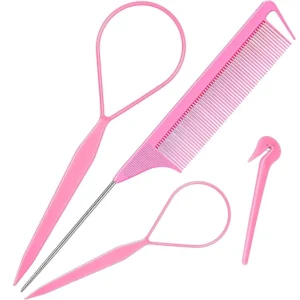This hair styling braid tool set includes a hair loop tool, elastic hair band remover, and hair tail comb to easily create ponytails and other DIY hairstyles for women and girls.