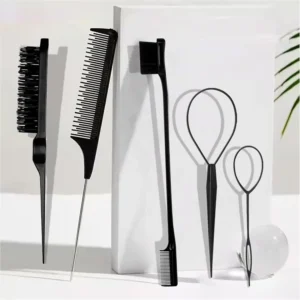 This five-piece black hair styling kit features an edge brush, teasing comb and rat tail tools.