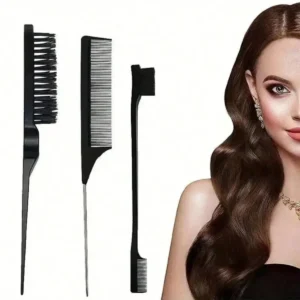 This 3-piece black hair styling kit includes a tail comb, double-sided comb and edge brush for detangling and styling all hair types.