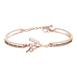 A hand stamped copper bracelet with the quote "A Truly Great Hair Stylist is Hard to Find impossible to forget," a perfect hairdresser graduation, Christmas, birthday, or thank you gift presented in a velvet bag.