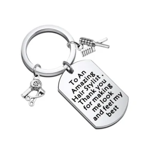 Stainless steel keychain gift for a hair stylist to show appreciation for making you look and feel your best.