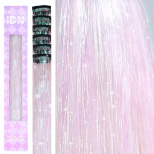 Six pieces of bright white sparkling hair tinsel clip in extensions, each 24 inches long, perfect for adding a touch of glamour to any party or daily look.