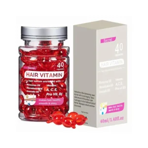 Hair treatment serum oil capsules enriched with argan, macadamia, avocado oil, and vitamins to repair, moisturize, and strengthen damaged hair for all hair types.