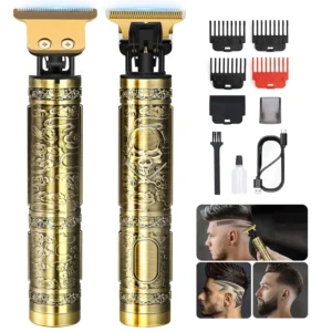 Bronze metal body hair trimmer for men with T-blade and guide combs, suitable for beard grooming and haircuts, showcasing its portability and ergonomic design.