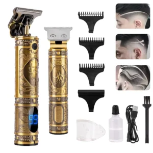 Cordless hair trimmer for men with a T-blade, LED display, and USB charging port for outlining, edging, and grooming.