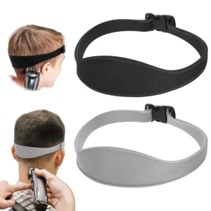 The adjustable curved silicone band is used as a hair trimming guide to achieve a perfect fade haircut for men at home.