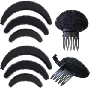 This set includes black hair volume inserts and bump up combs for creating voluminous updos and hairstyles for women and girls.