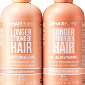 Hairburst shampoo and conditioner set for dry and damaged hair locks in moisture, reduces breakage, and protects hair color.