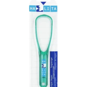 This Halita Tongue Cleaner has a ridged surface to clean the V-shaped groove and a flat surface for cleaning the sides, reaching inaccessible areas of the tongue for a thorough cleaning.