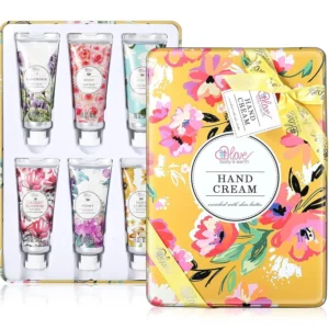 This hand cream gift set includes six travel-sized lotions with fresh fragrances like cherry blossom and lavender, perfect for nourishing dry hands and as stocking stuffers.