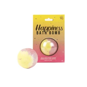 A pink and yellow Gift Republic Happiness Mood Boosting Bath Bomb with an energizing milk and honey scent for a relaxing bath time.