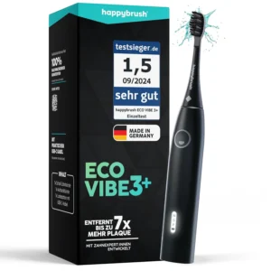 The happybrush sonic electric toothbrush in all black provides deep cleaning with 40,000 vibrations and lasts up to 8 weeks on a single charge.