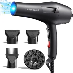 Starry black HappyGoo professional hair dryer with diffuser and concentrator attachments, designed for fast drying, smooth, and healthy hair with negative ion technology.