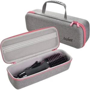 Rose red hard travel case designed for a one-step hair dryer brush, featuring a mesh pocket for accessories and providing excellent protection against bumps and scratches.