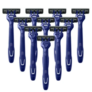 This image displays a pack of Harry's disposable razors for men, featuring three blades, a lubricating strip, and a pivoting head for a smooth and comfortable shave.