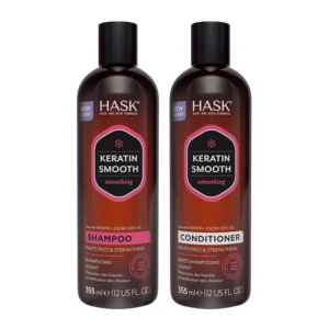 HASK Keratin Protein shampoo and conditioner set softens, renews, and reduces frizz for color-treated, dry, and frizzy hair, leaving it soft, revitalized, and shiny.