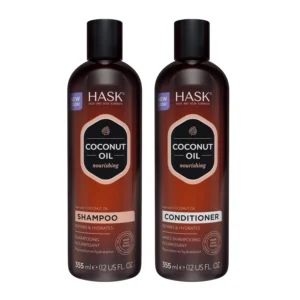 HASK Monoi Coconut Oil Shampoo and Conditioner set infused with Tahitian gardenias and coconut oil to hydrate, strengthen, and revive dry, dull hair, leaving locks silky soft.