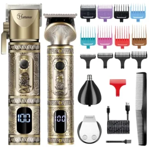 This Hatteker professional hair clipper and T-blade trimmer set is a cordless, rechargeable multipurpose grooming kit for men, featuring an LED display and gold finish, perfect for beard and nose hair trimming.