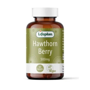 This is a bottle of Lifeplan Hawthorn Berry capsules, each containing 400mg of dried, powdered hawthorn berry, a vegan-friendly herbal supplement with antioxidant properties.