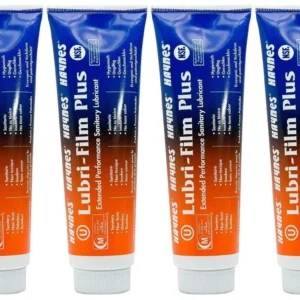 Four-pack of 4 oz Haynes Lubri-Film Plus lubricant for soft serve equipment, ensuring smooth operation and protection.