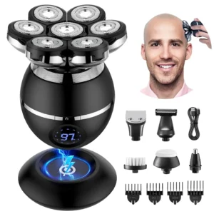 This 6-in-1 head shaver for bald men features a double-layer blade, LED display, USB-C charging, and comes with multiple attachments including nose trimmer, hair trimmer, and facial brushes.