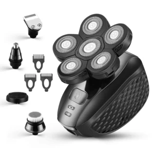 The 5 in 1 electric head shaver grooming kit for men includes a rotary shaver, hair trimmer, nose trimmer, facial brush, and massage brush for a smooth, comfortable shave.