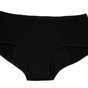 Black Healthfab period panty underwear, reusable and leak-proof for medium to heavy flow, providing comfortable and reliable protection during menstruation without pads.