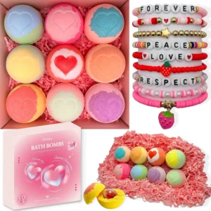 Nine heart-shaped bath bombs in assorted colors, each with a surprise friendship bracelet inside, offer a luxurious and moisturizing bath experience.