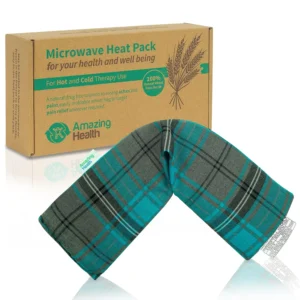 Turquoise tartan cotton wheat bag heat pack, unscented and designed to be microwaved for soothing pain relief.