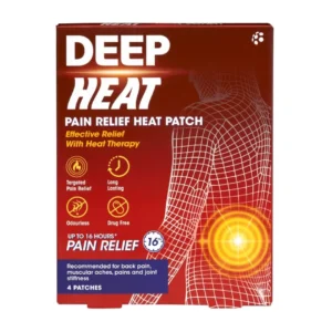 Four Deep Heat pain relief patches offer targeted, long-lasting warmth for muscular aches, pains, and joint stiffness.