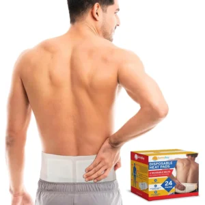 This image shows a 24-pack of SunnyBay air-activated heat patches with four adjustable belts, designed to provide up to 12 hours of soothing warmth for back pain, cramps, and sore muscles.
